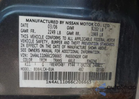 2006 Nissan Altima 2.5 S z USA, uszkodzony, nr VIN 1N4AL11D66C206665